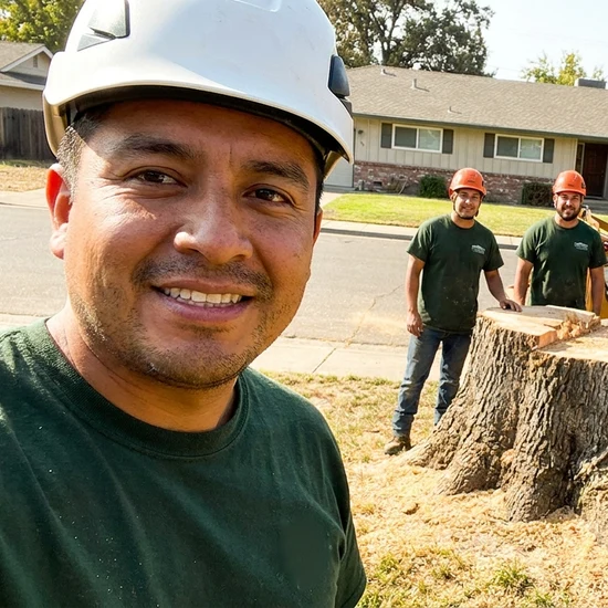 Smiling George Salinas Tree Service crew selfie after removing a large oak in Stockton