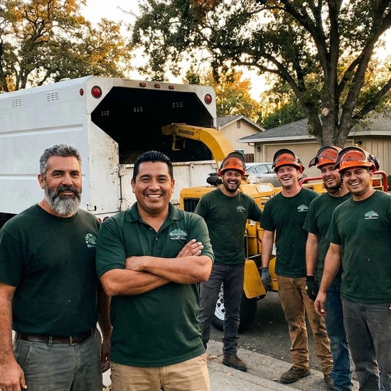 Tree service owner and crew with chip truck on a Stockton street