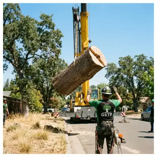 Crane lowering a tree section during a Stockton removal